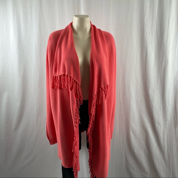 Repeat Coral Pink Open Cotton Blend Long Cardigan with Fringe Trimmed Edge M - Picture 5 of 8